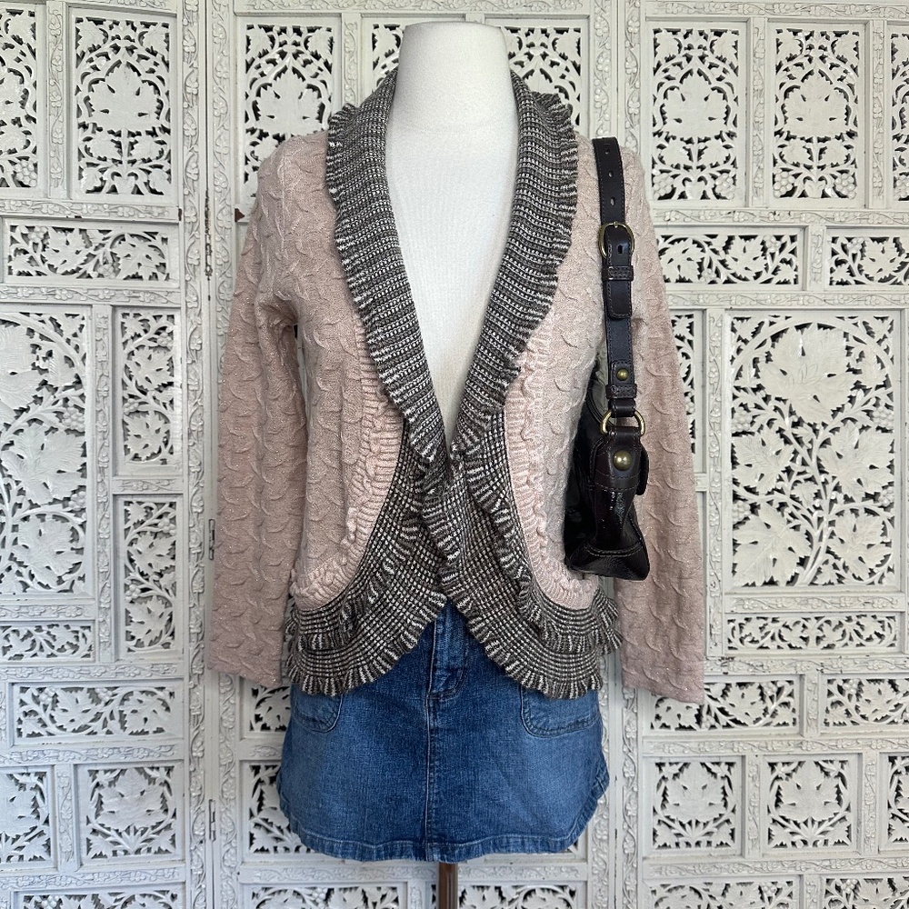 Chicos Light Pink & Brown Shimmery Preppy Ruffle Y2K Style‎ Cardigan Sz Small